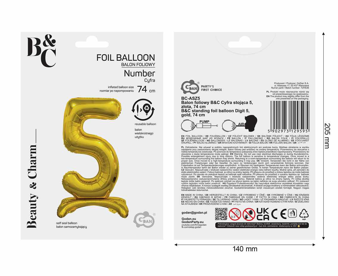 B&C standing foil balloon Digit 5, gold, 74 cm